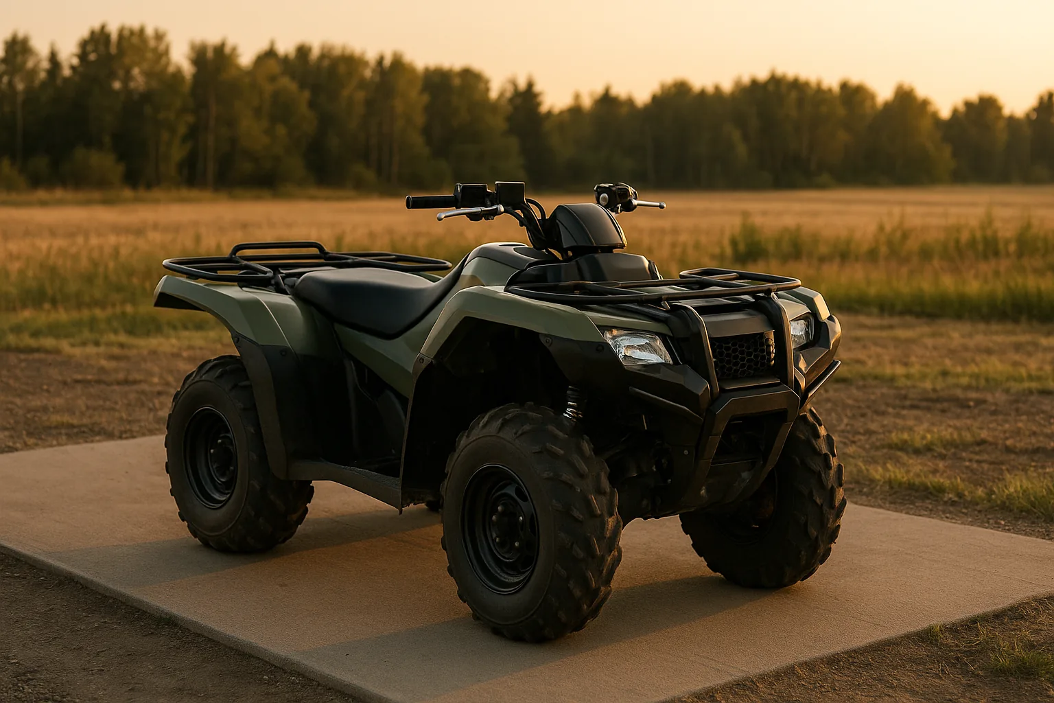 An ATV quad staged on a gravel pad at the edge of a rural Alberta dealership yard in warm evening light with a soft treeline background