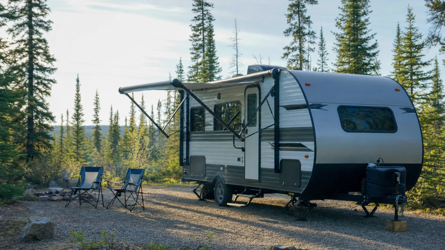 A compact camping trailer set up at an Alberta forest campground with lawn chairs outside in morning daylight