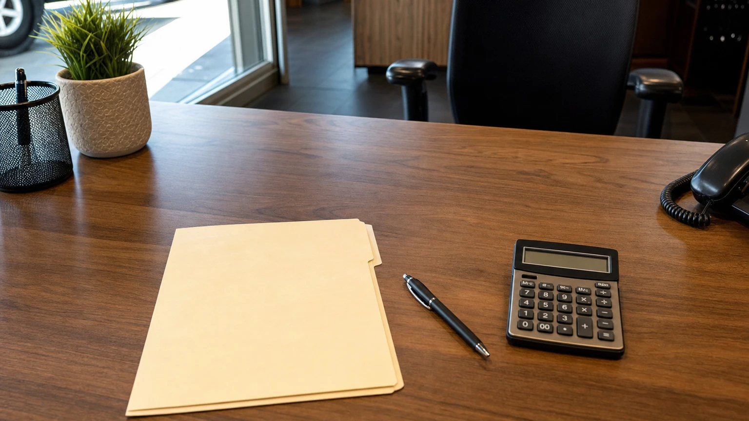 A neat wooden desk in natural light with a folder of blank paperwork, a pen, and a calculator with no text or logos visible
