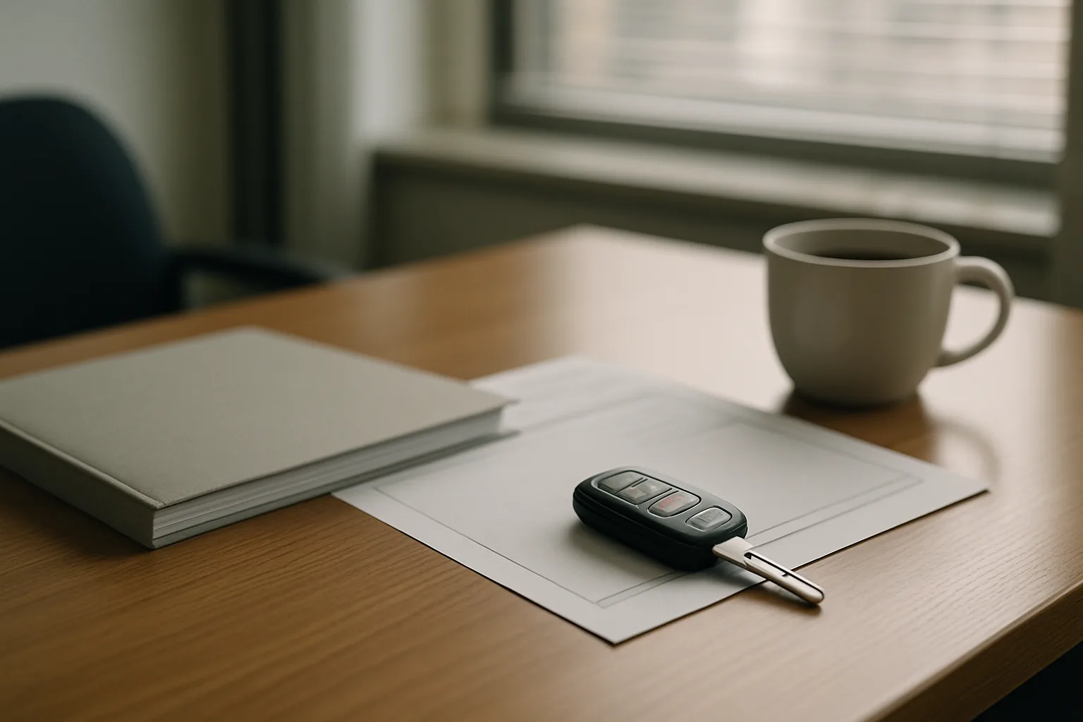 A tidy shop office desk in soft window light with a plain document folder, a blank paper form, a set of keys, and a coffee cup, with no readable text or logos