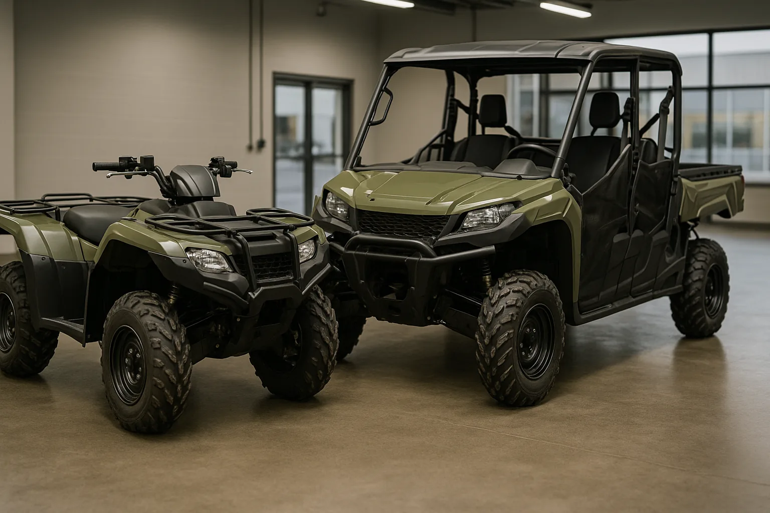 An ATV and a side-by-side parked together on a shop floor in soft overhead light with clean plastics and no people, badges, or readable text
