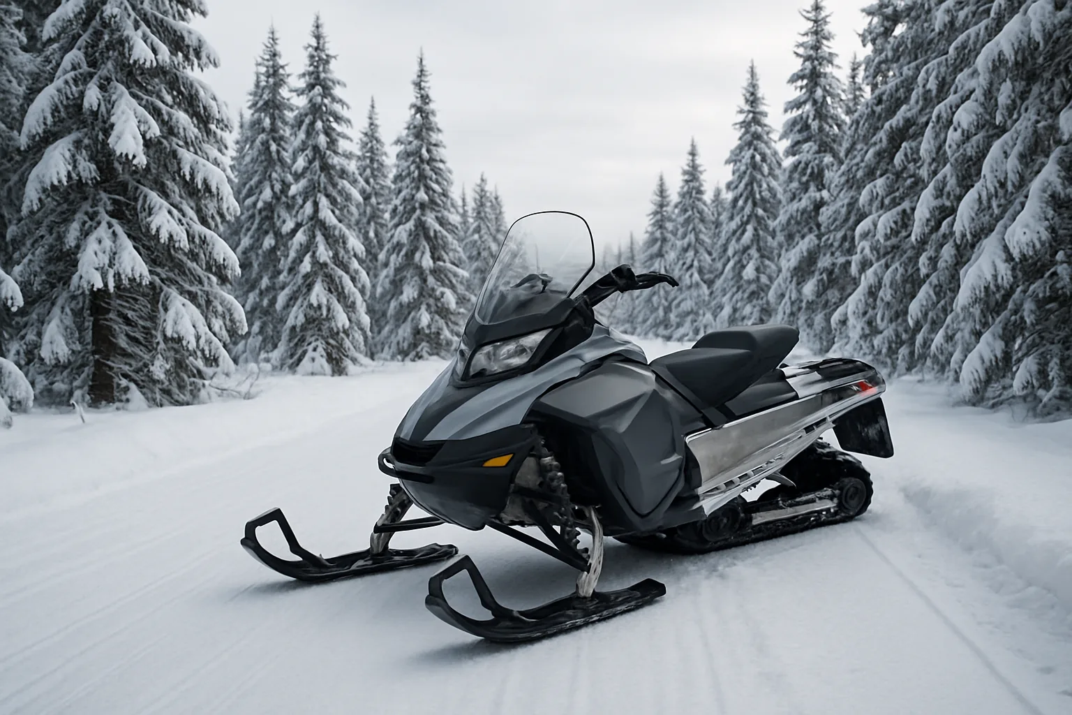 A single snowmobile parked at the edge of a groomed winter trail with snow-covered spruce and soft daylight, no people, no baked text, and no logos