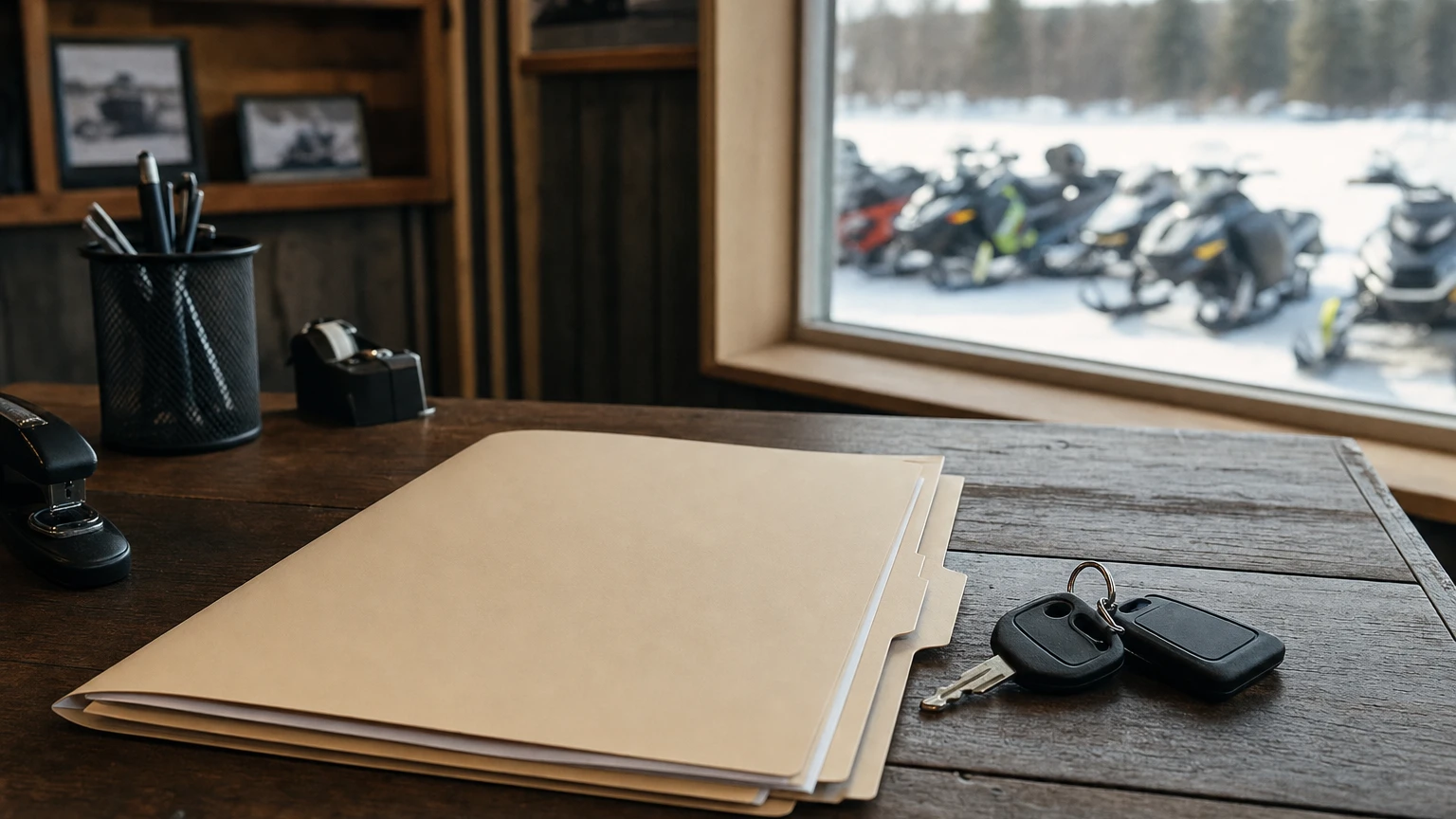 Blank paperwork folders and snowmobile keys resting on a wooden desk with snowmobiles visible through the window