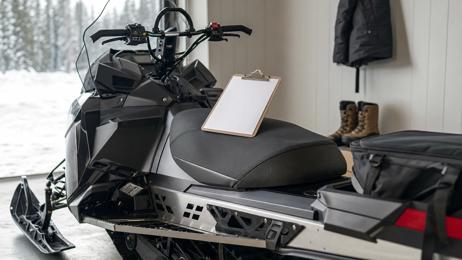 Clean snowmobile parked in a preparation bay with a clipboard and blank document resting on the seat