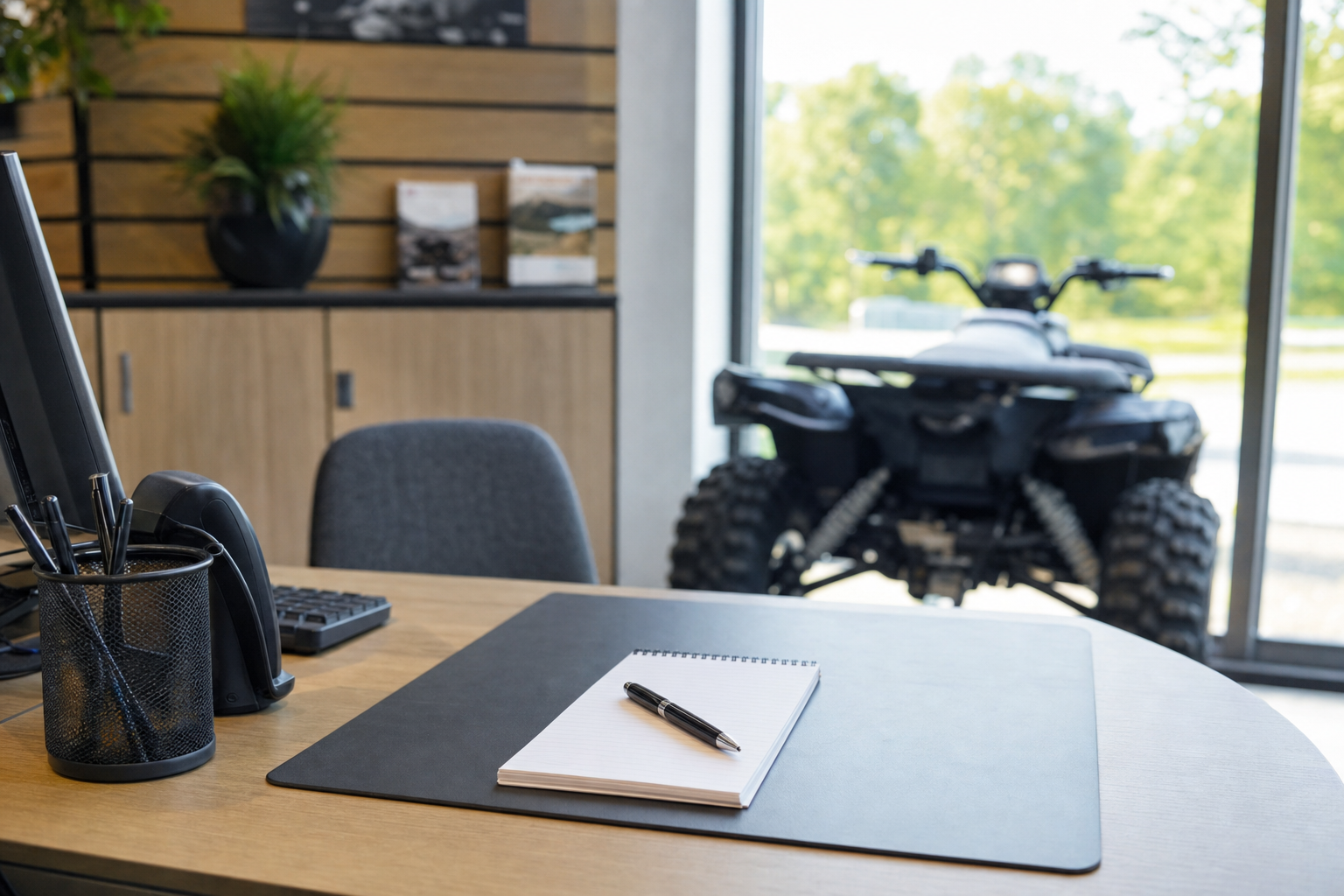 A modern dealership finance desk in bright daylight with a blurred ATV visible through the showroom window in the background