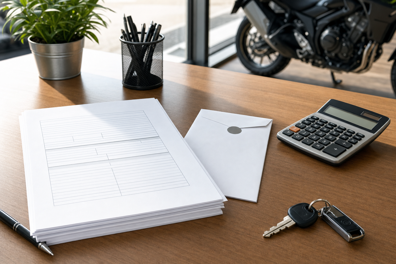 A neat stack of blank application forms, a sealed bank envelope, and a pen on a clean wooden desk in soft window light