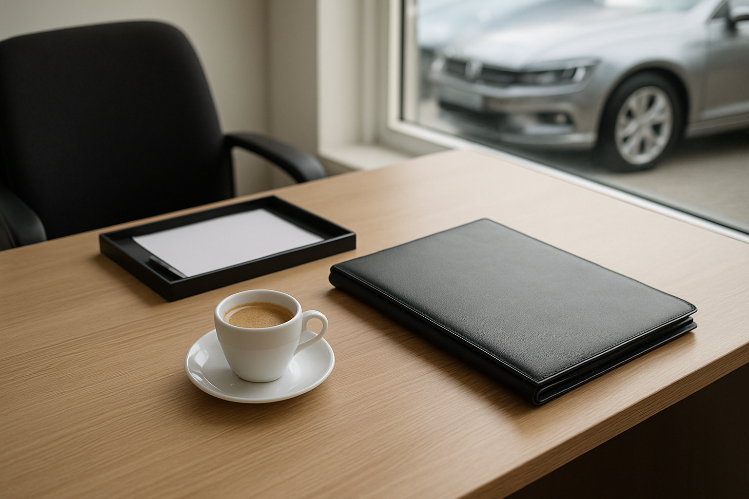 A tidy dealership desk in natural light with a closed leather folder, a coffee cup, and a blank screen far in the background, with no readable paperwork