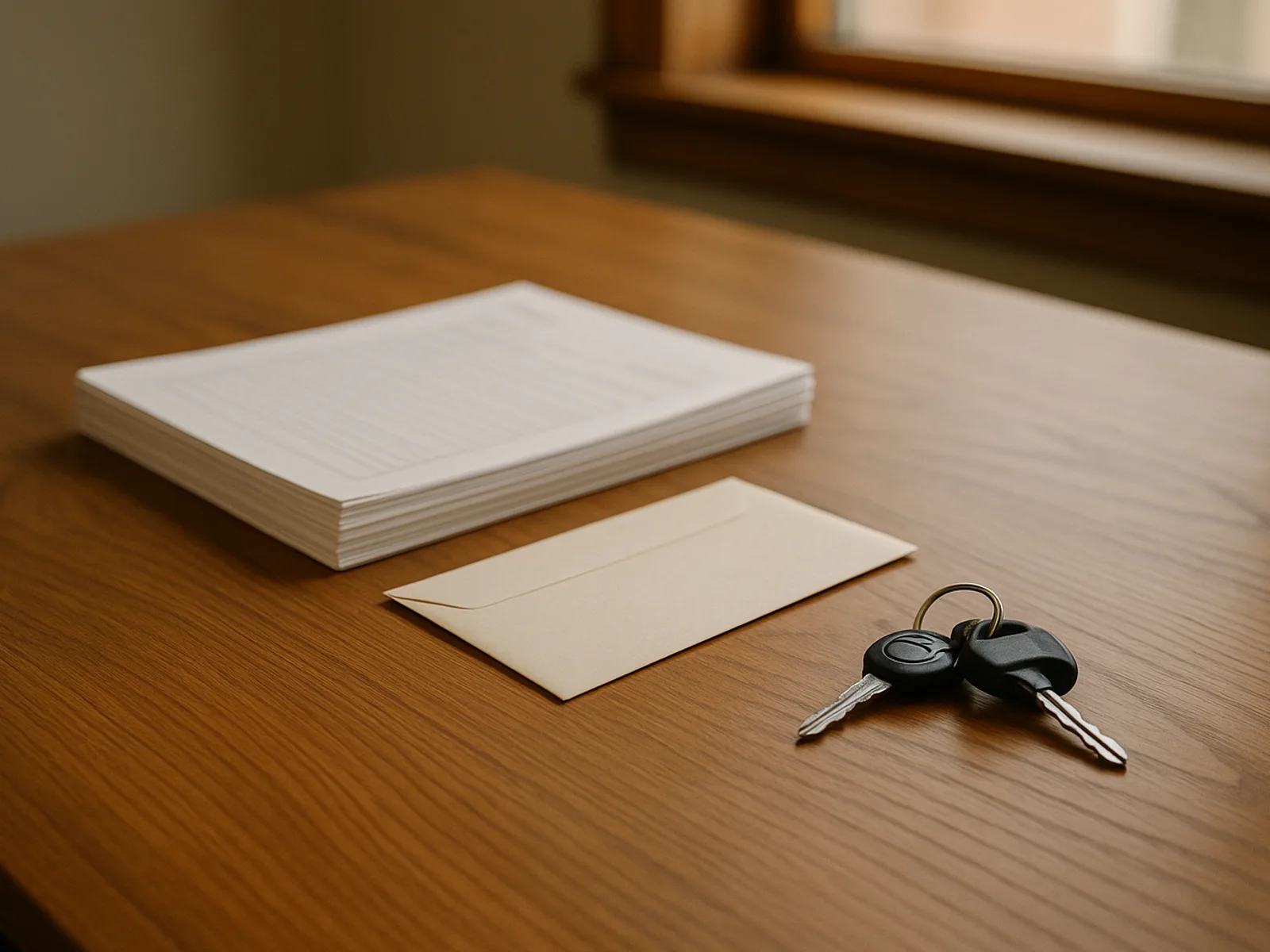 A tidy stack of blank forms, a plain envelope, and a set of keys resting on a wood desk in soft daylight with no writing or logos visible