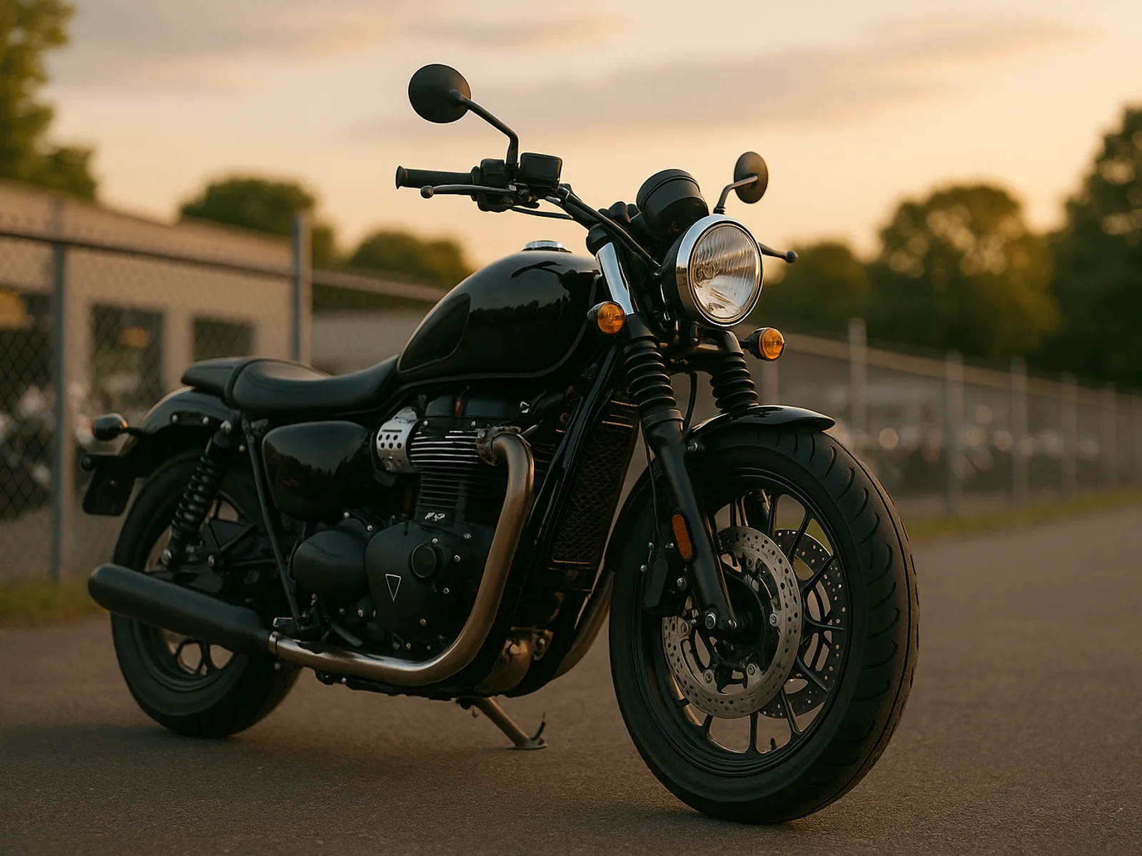 A motorcycle staged at the edge of a dealership yard in low evening light with depth into the background and no readable signage or logos
