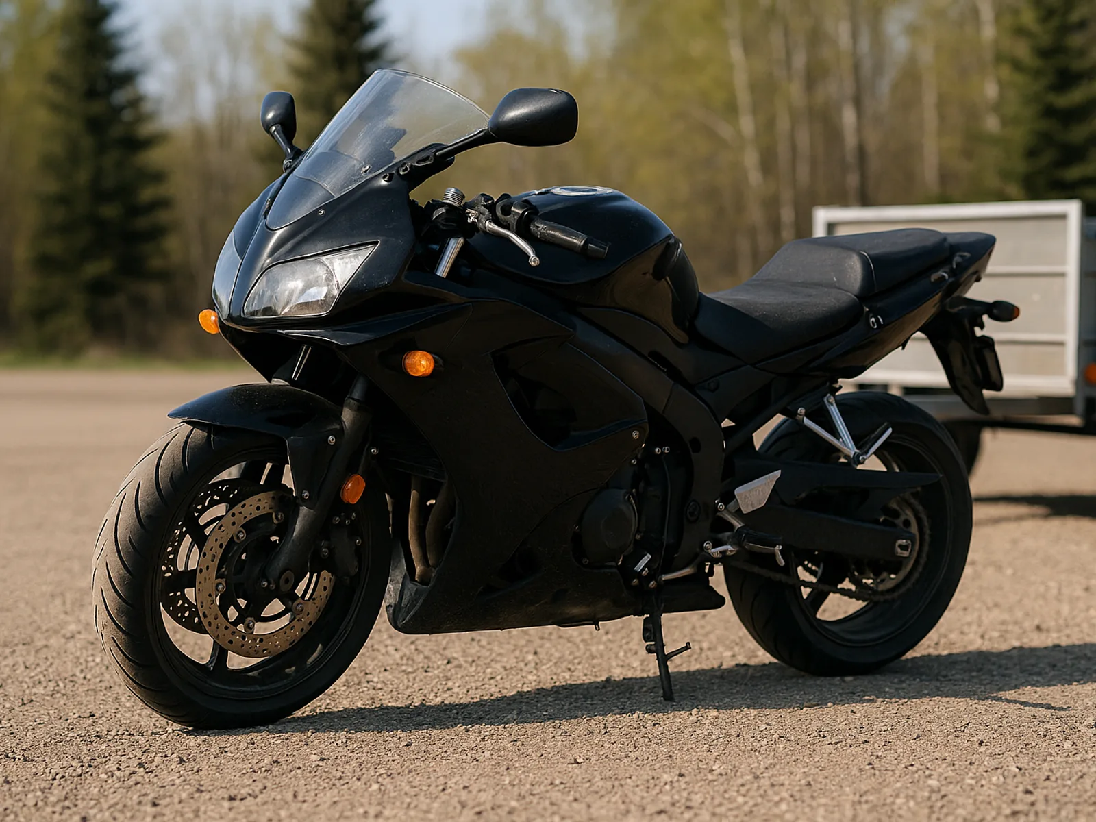 A used street motorcycle parked on a gravel lot beside a small trailer in crisp daylight with light wear visible on the tank and no people or brand badges