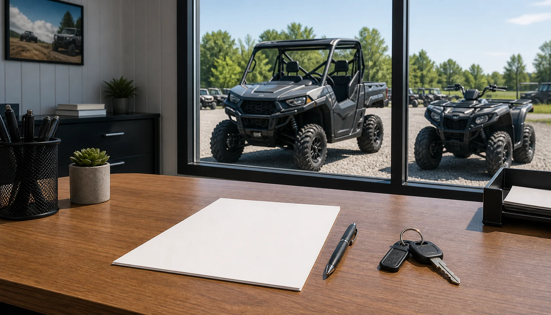 Blank paperwork and keys on a desk with a dealership lot outside the window