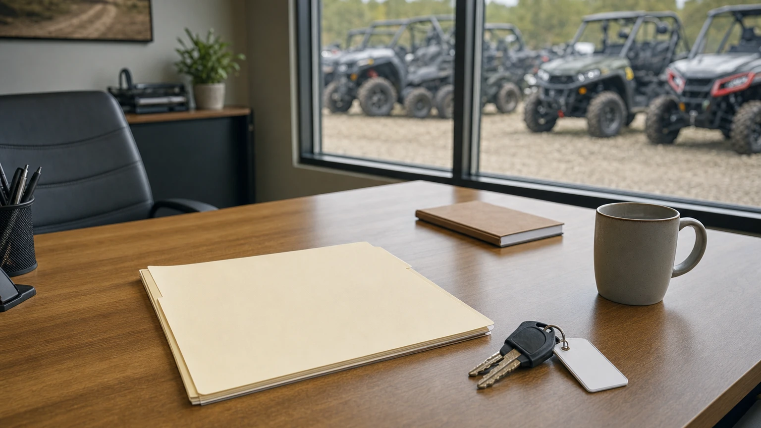 Blank financing intake folder and vehicle keys on a dealership sales desk with outdoor powersports inventory visible through the window