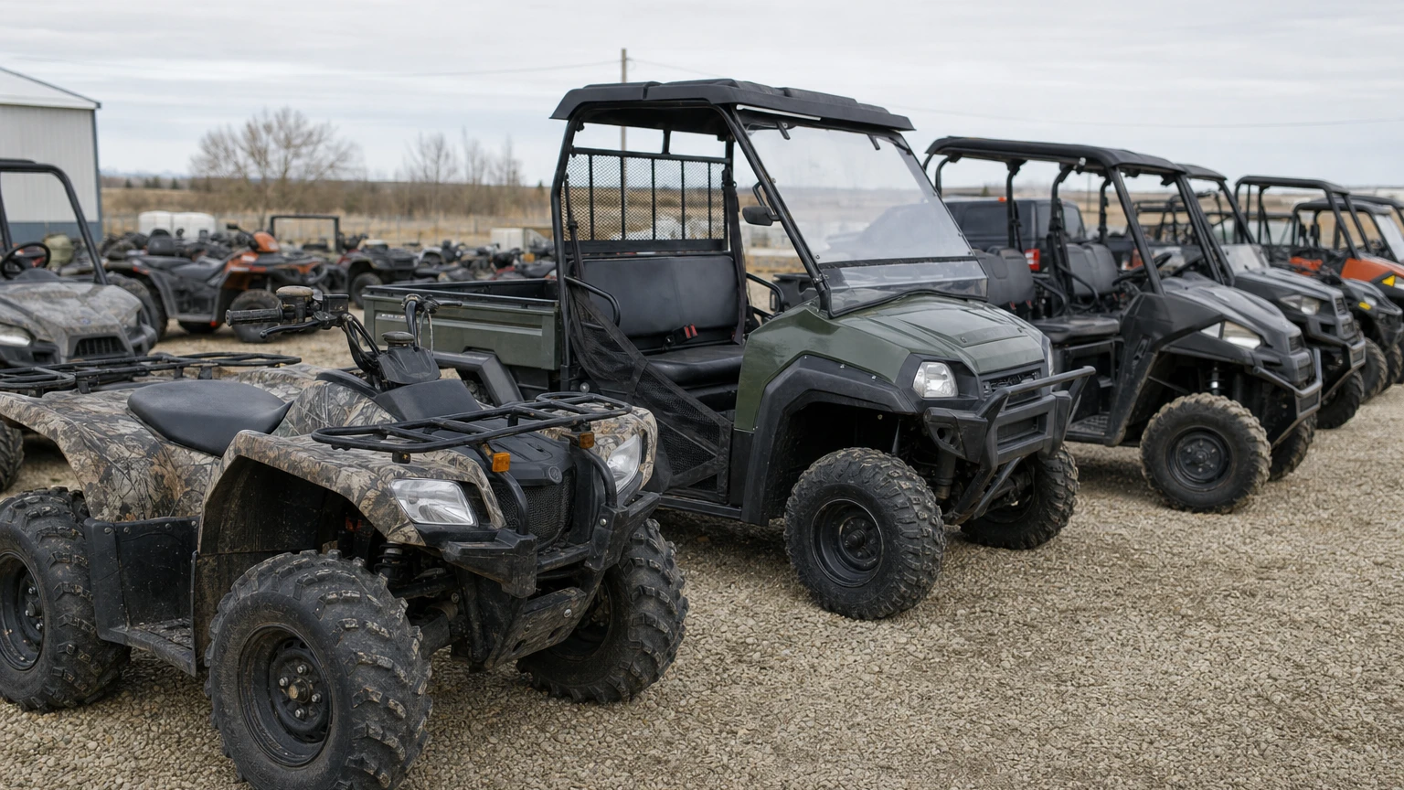 A lineup of used ATV quads and utility side-by-sides parked on a gravel dealership lot in Alberta
