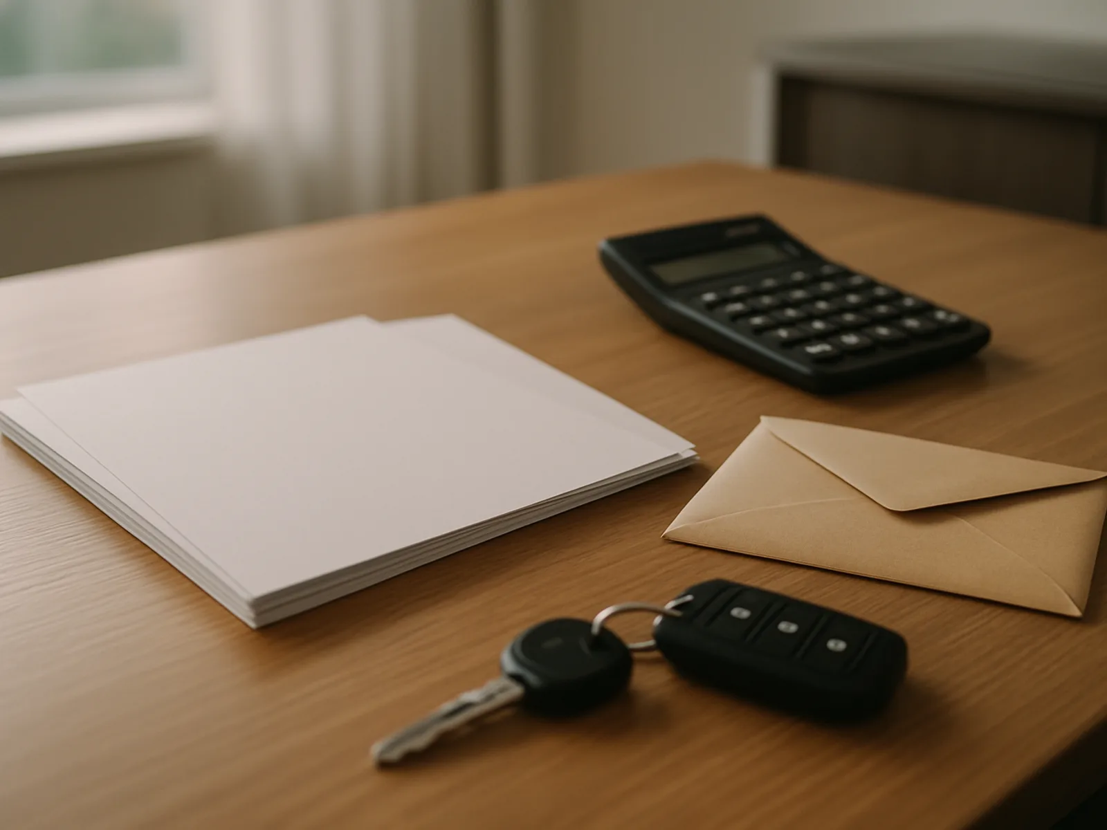 A tidy wood desk in soft daylight with a small stack of blank forms, a plain sealed envelope, a calculator, and a set of keys, with no writing or logos visible