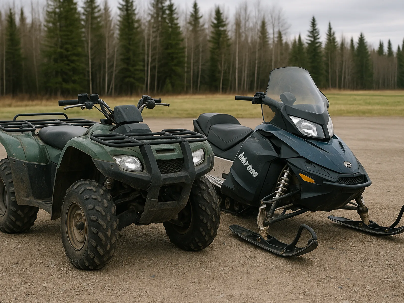 A used ATV quad and a used snowmobile parked together on a gravel lot in crisp overcast Alberta daylight showing honest light wear and a treeline in the background