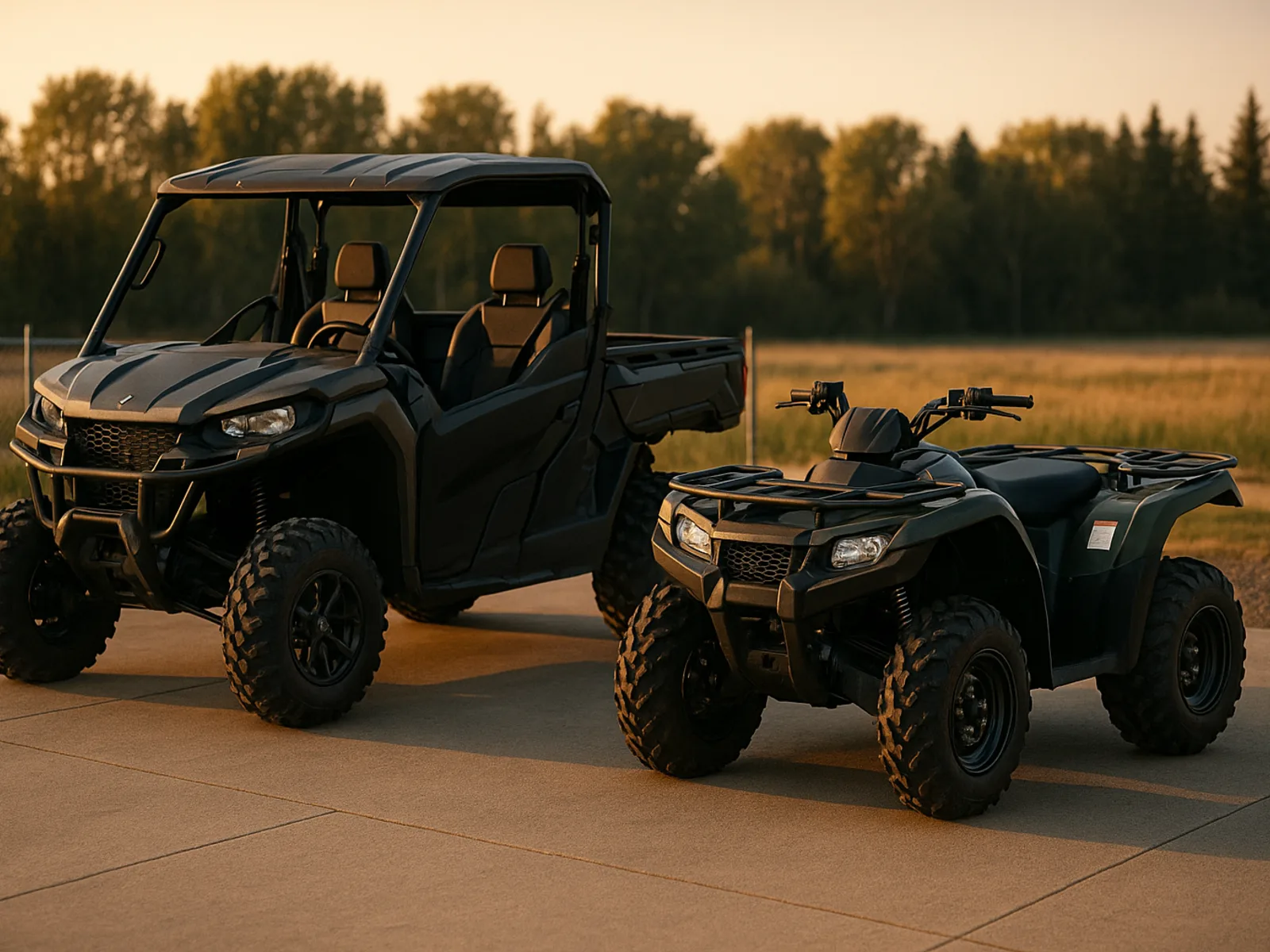 A side-by-side UTV and an ATV quad staged together on a paved pad at the edge of a rural Alberta dealership yard in warm evening light with a soft treeline background