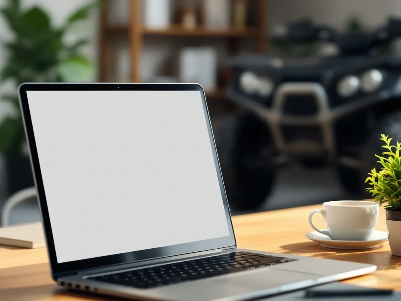 A laptop on a wood desk in soft office light showing a blank neutral form with a coffee cup and a small plant and a blurred ATV in the background and no logos