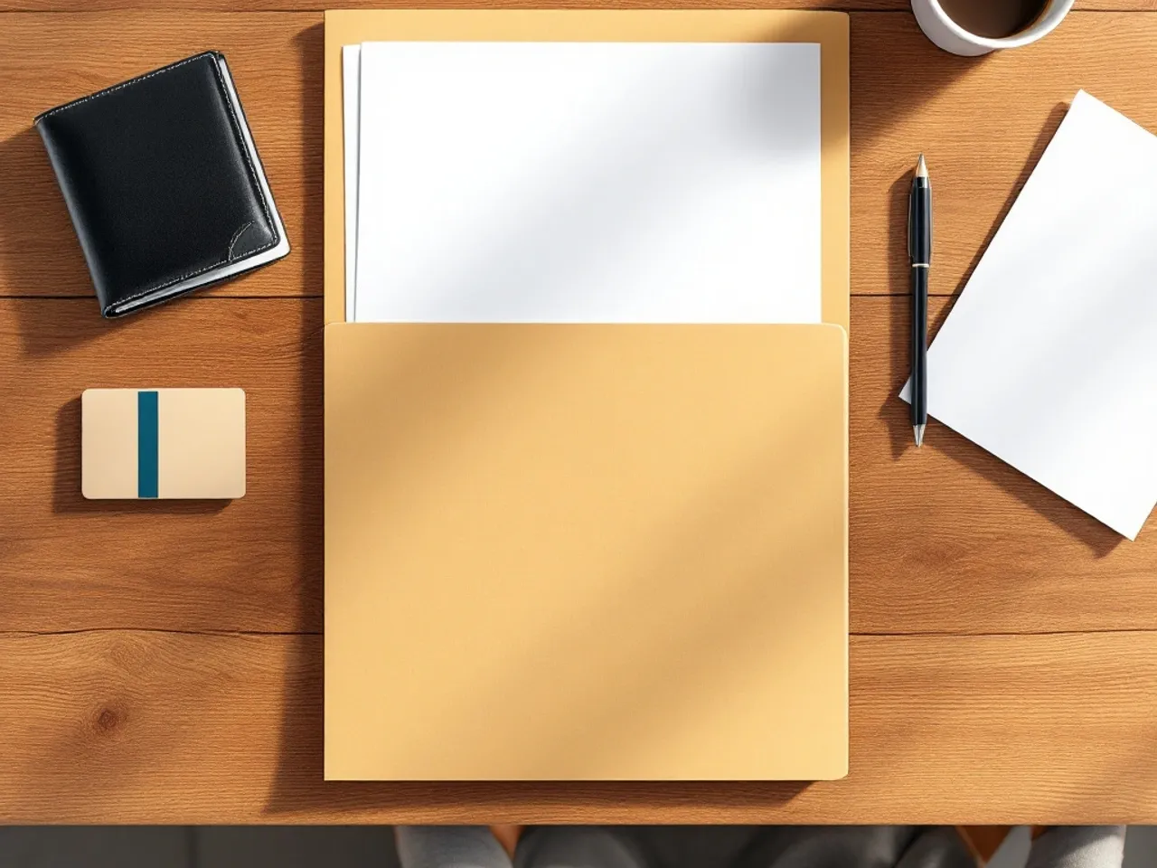 A neat wood desk flat-lay in daylight with a plain document folder, a blank paper form, a generic wallet, and a coffee cup, with no readable text or logos