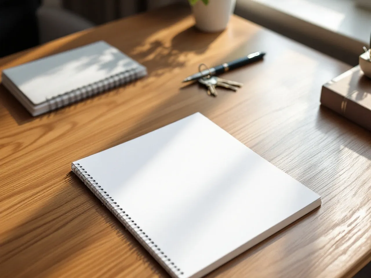 A tidy wood desk in soft window light with a blank notepad, a closed plain folder, a pen, and a set of keys, with no writing or logos visible