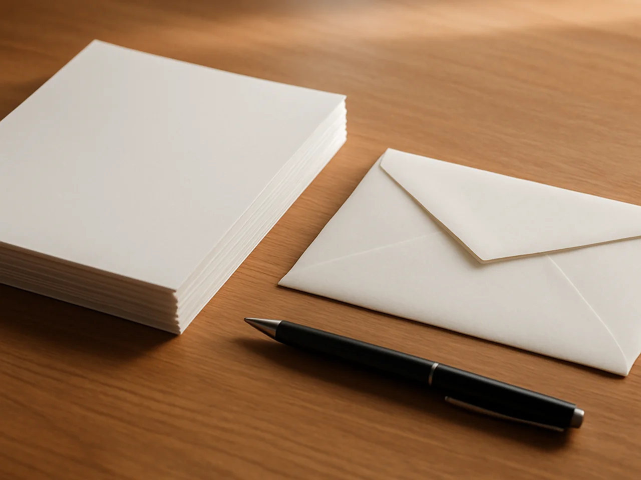 A neat stack of blank forms, a bank envelope, and a pen resting on a wood desk in soft window light with no writing or logos visible