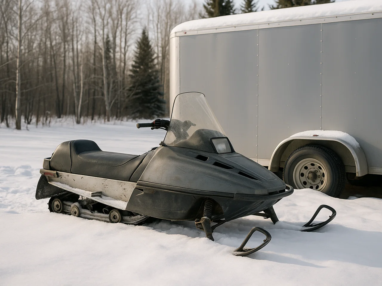 A used snowmobile parked in a snowy residential yard beside a trailer in crisp daylight, light trail wear visible, no people or brand badges