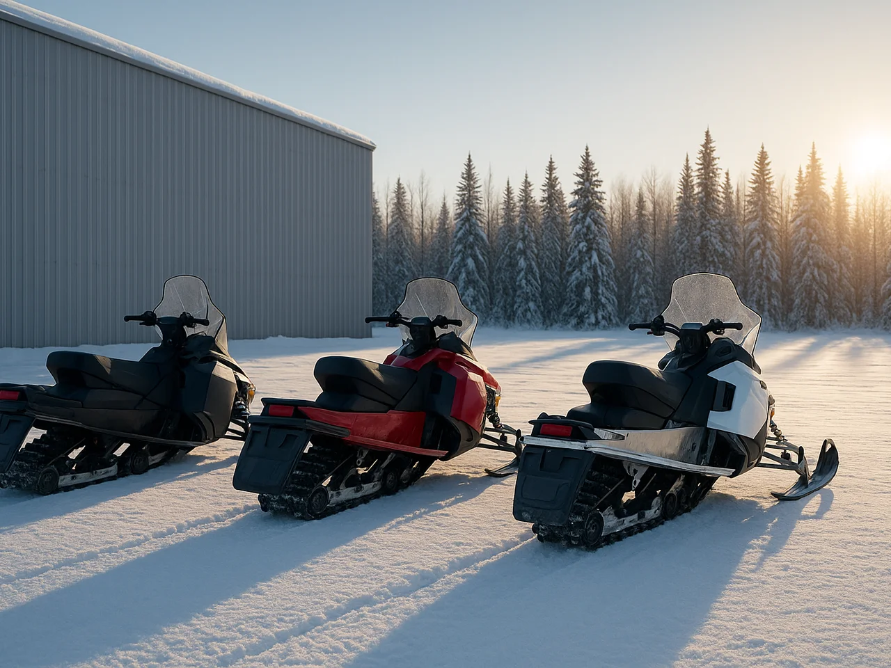 A row of snowmobiles staged on packed snow at a dealership yard in low winter light with depth into the background and no readable signage