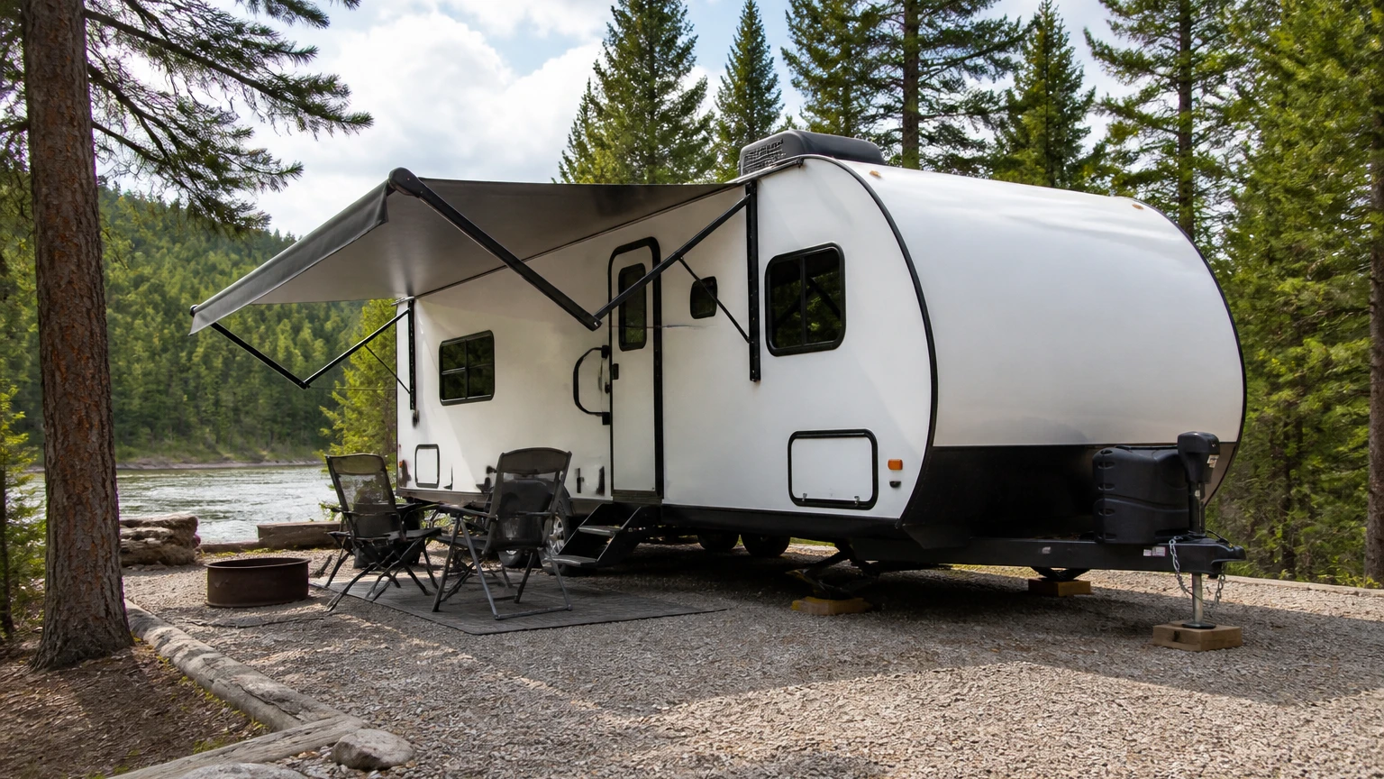 Travel trailer set up at a gravel campsite with awning extended and pine trees in the background