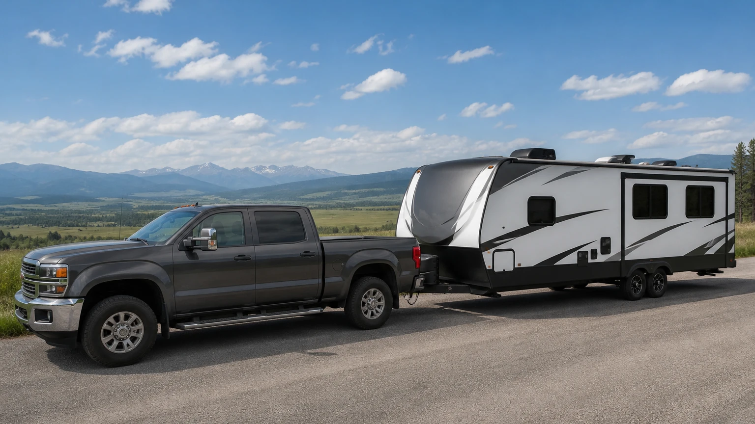 Heavy-duty pickup truck hitched to a travel trailer on a paved road with foothills in the distance