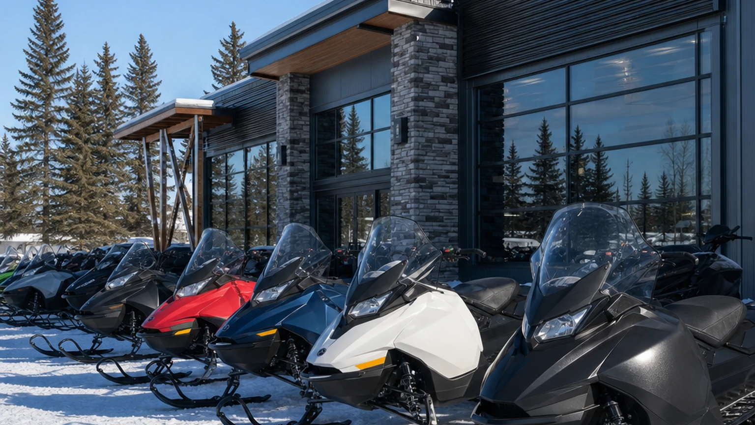 Powersports dealership yard in Alberta during winter with pre-owned snowmobiles parked in clean snow