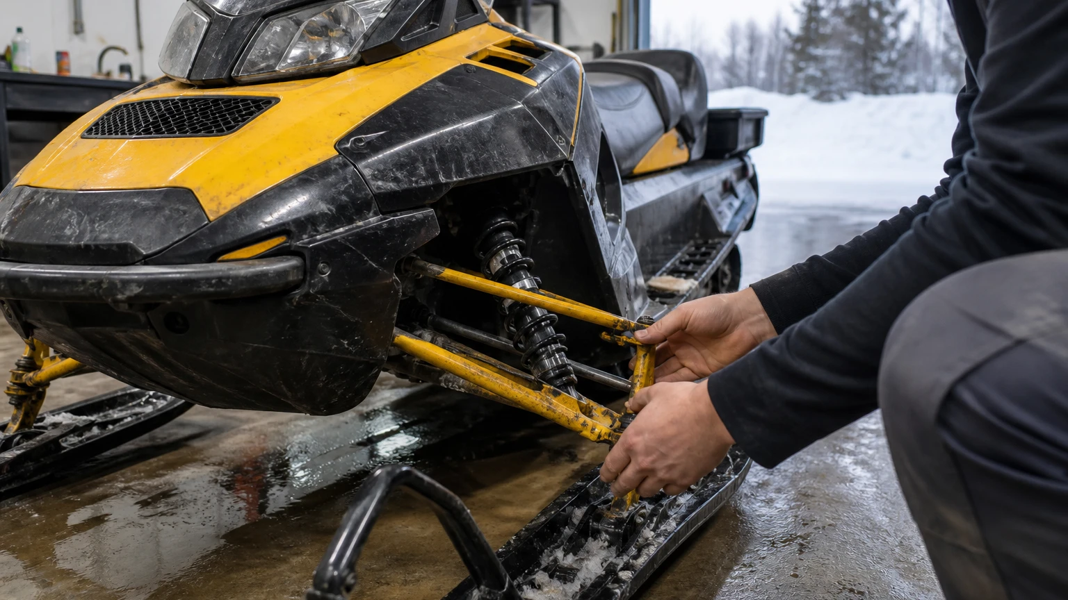 Technician inspecting the front suspension and ski assembly of a used snowmobile in a workshop