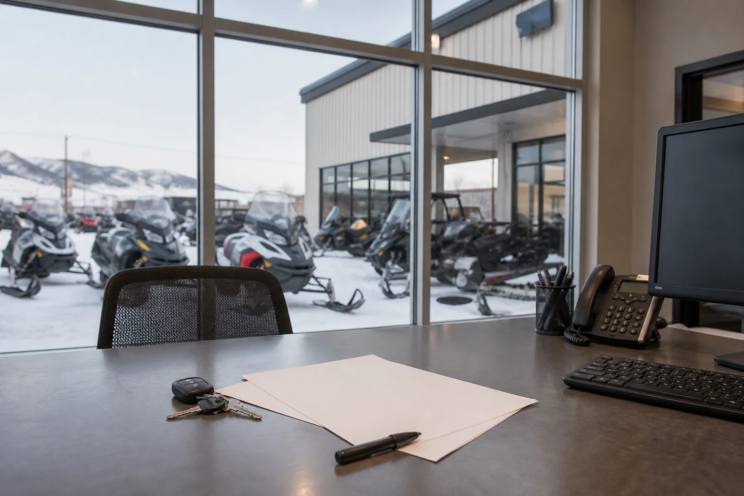 Blank paperwork and keys on a dealership desk overlooking a snowy powersports yard