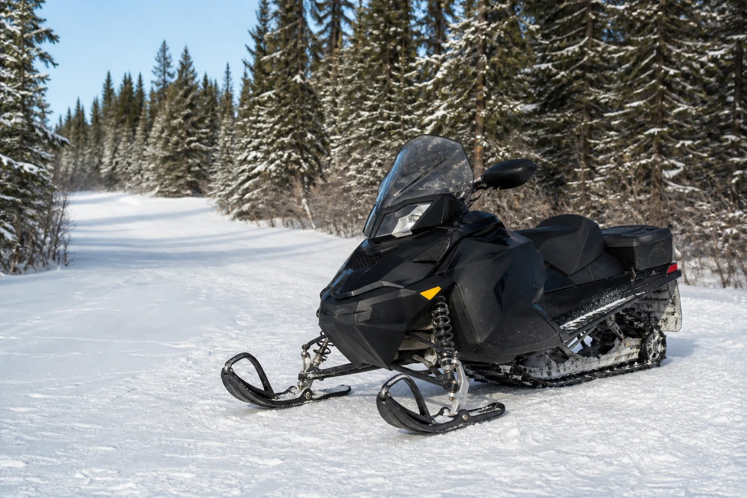 A used trail snowmobile parked on a snowy boreal trail in Alberta