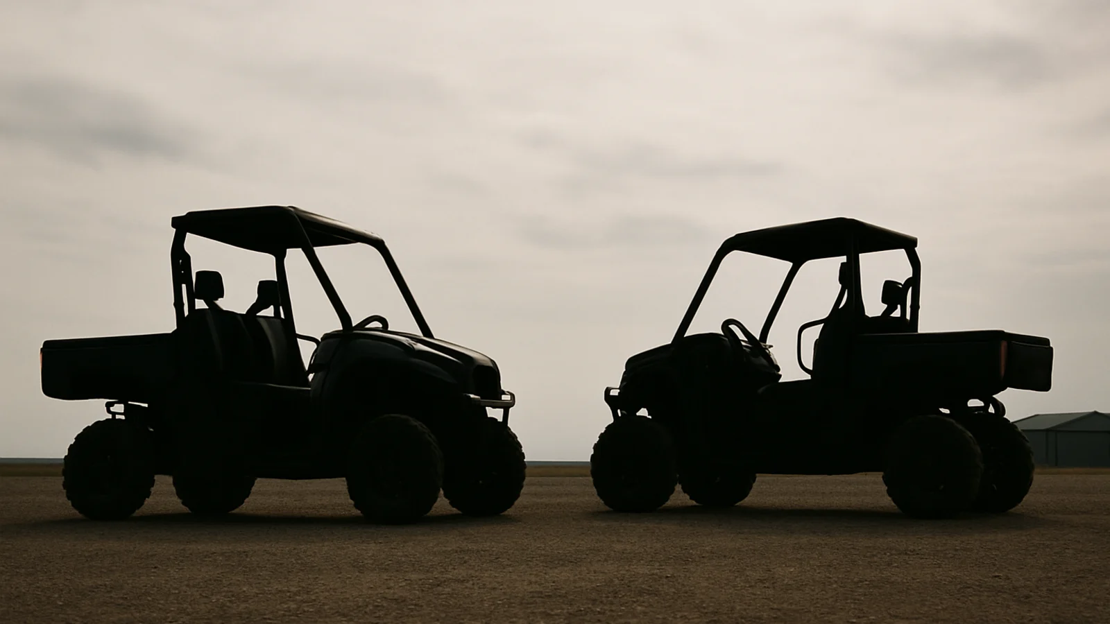 Two side-by-side UTVs in silhouette parked apart on a gravel lot under a wide overcast Alberta sky, with a plain metal building small on the horizon behind them