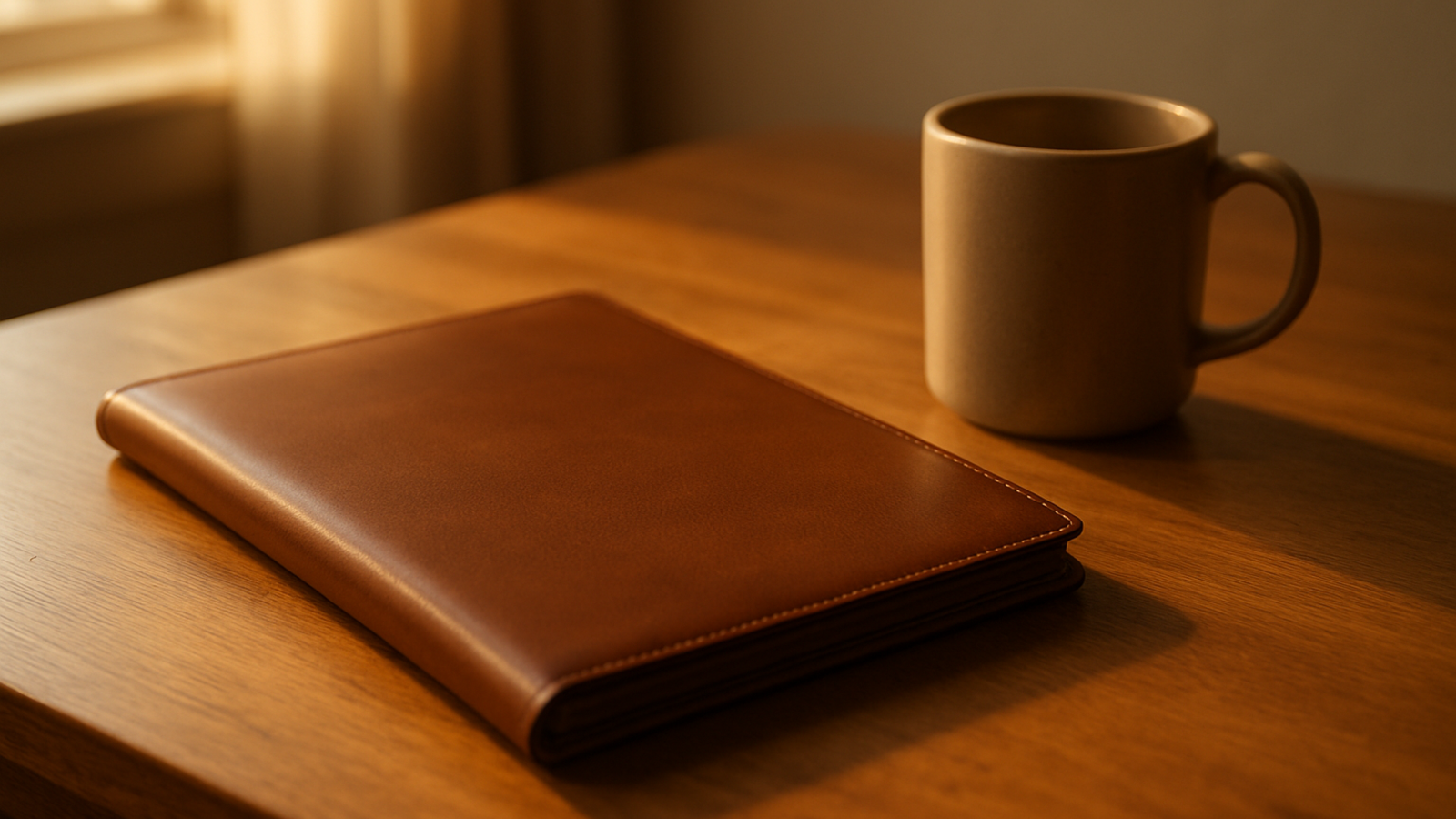 A closed plain leather document folder beside a plain ceramic coffee mug on a warm wooden desk in afternoon window light