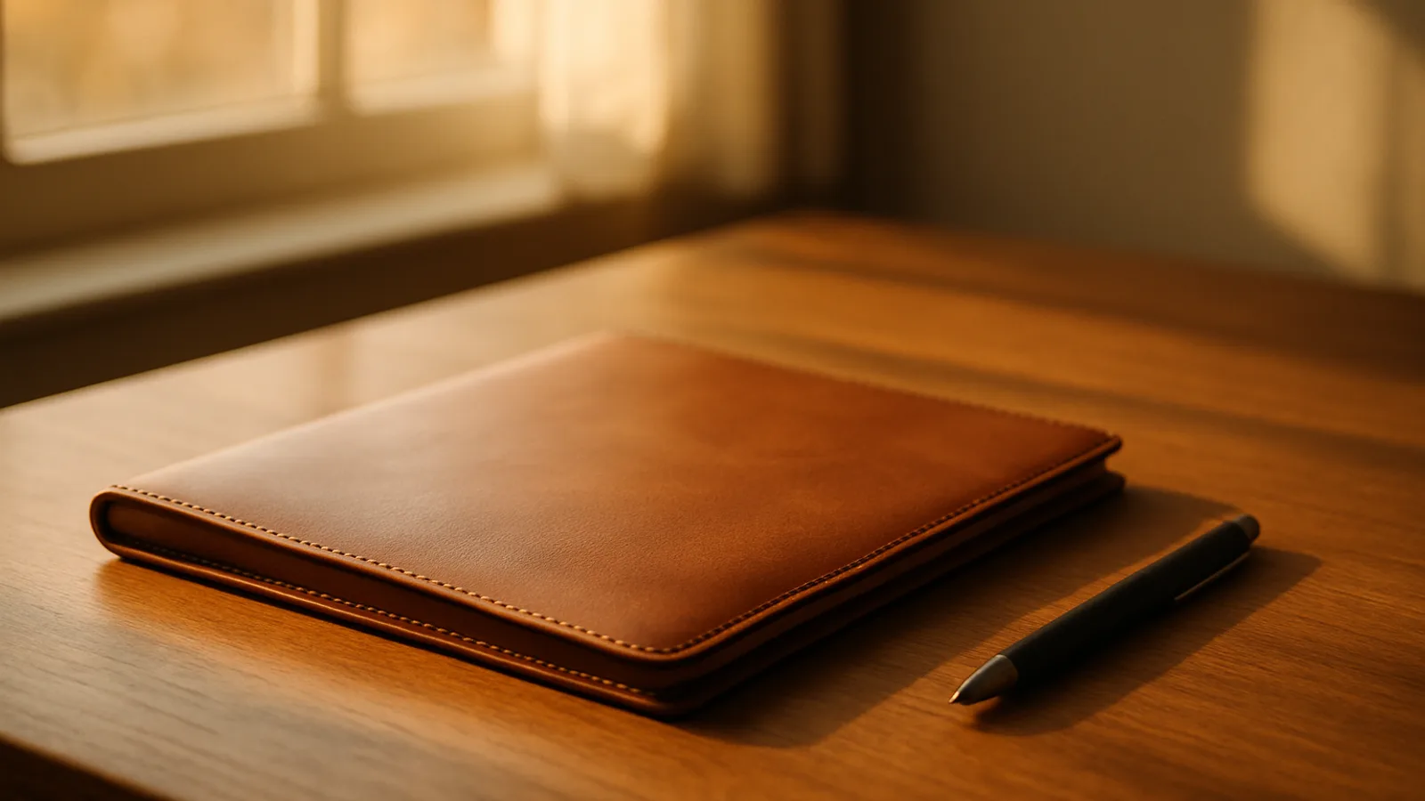 A closed plain document folder and a pen on a warm wooden desk in soft afternoon window light