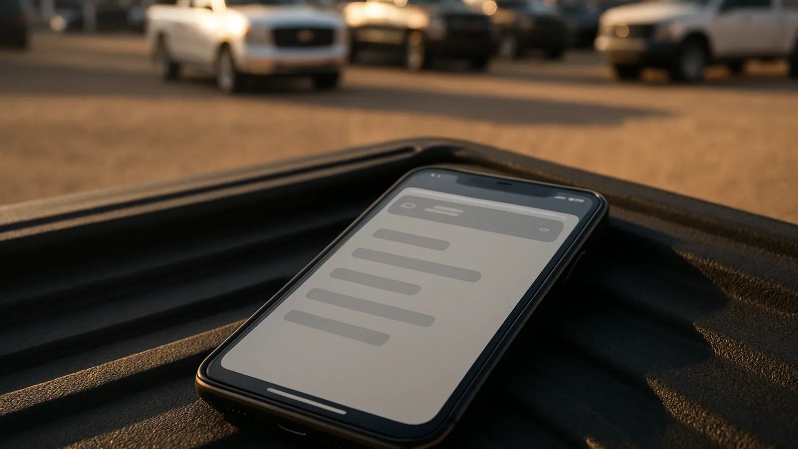 A phone resting on a truck tailgate showing a blank inventory filter panel in daylight, with a gravel lot blurred in the background
