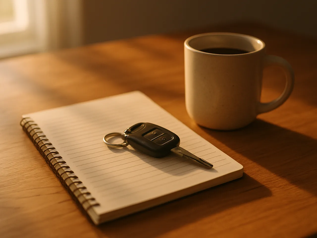 A plain notepad and a set of vehicle keys on a warm wooden kitchen table in morning light, with a coffee mug beside them