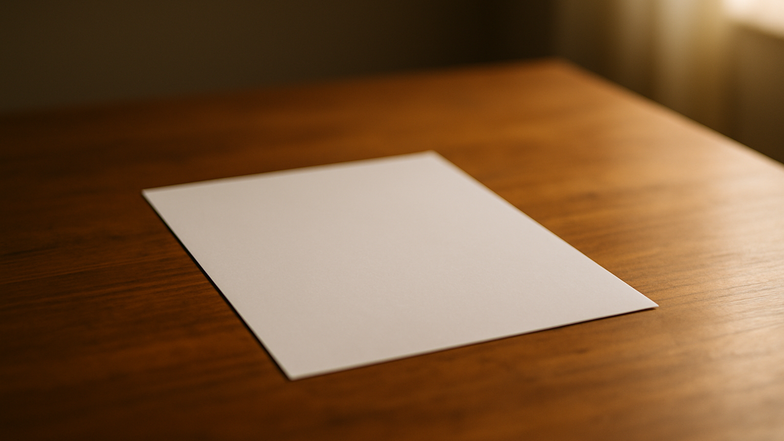 A single blank white sheet of paper lying on a warm wooden desk in soft afternoon window light