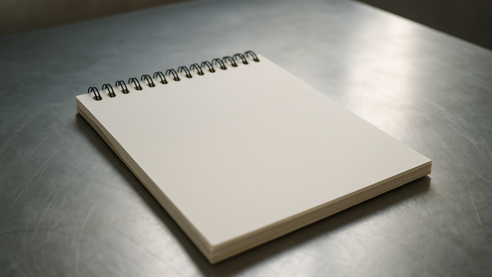 A blank open spiral notepad lying flat on a brushed-steel workbench in soft daylight, with a blurred background